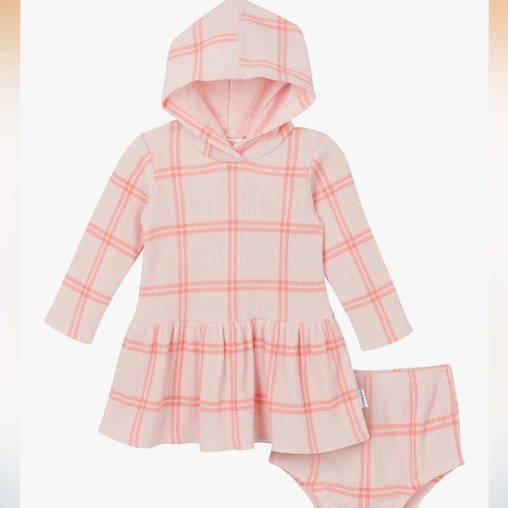 Two piece cotton waffle knit dress + diaper cover. Pink/ peach plaid stripes